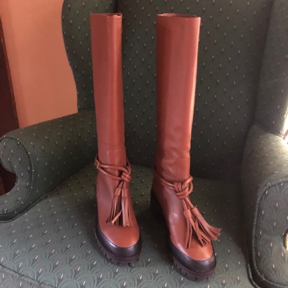 NWT ULLA JOHNSON CORNWALL LUG SOLE BOOTS IN COGNAC, EU SIZE 38.5 - Picture 3 of 11